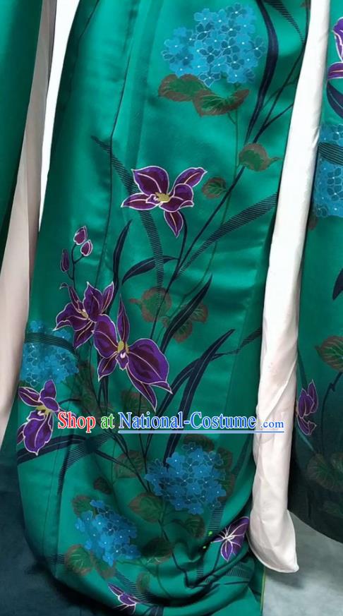 Traditional Japan Geisha Printing Lily Flowers Green Brocade Furisode Kimono Asian Japanese Fashion Apparel Costume for Women