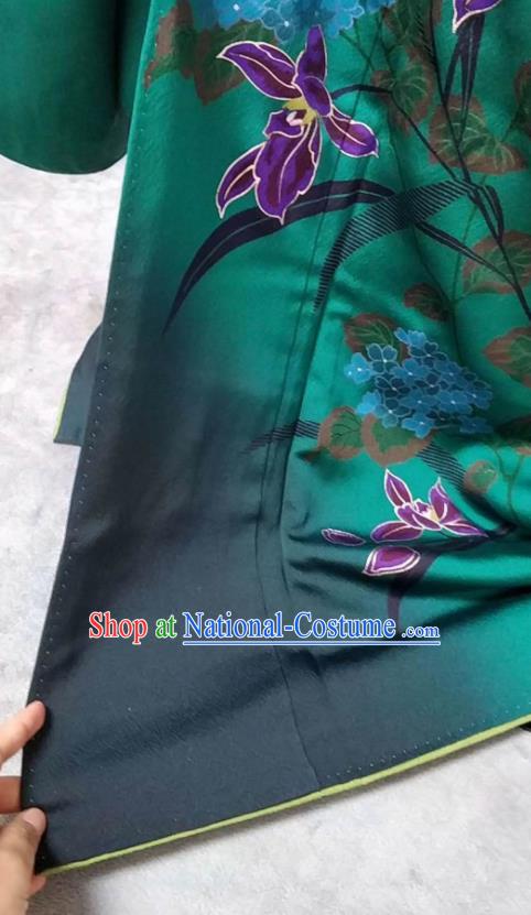 Traditional Japan Geisha Printing Lily Flowers Green Brocade Furisode Kimono Asian Japanese Fashion Apparel Costume for Women