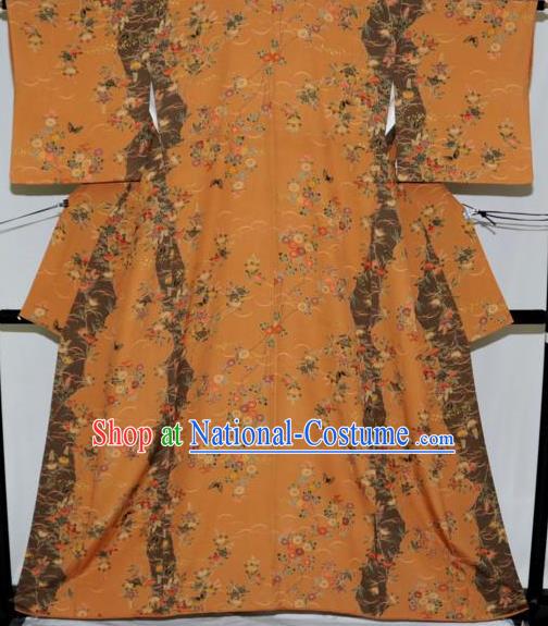 Traditional Japan Geisha Printing Ginger Furisode Kimono Asian Japanese Fashion Apparel Costume for Women