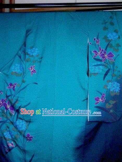 Traditional Japan Geisha Printing Orchid Blue Silk Furisode Kimono Asian Japanese Fashion Apparel Costume for Women