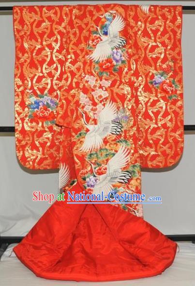 Traditional Japan Geisha Printing Crane Plum Red Silk Furisode Kimono Asian Japanese Fashion Apparel Costume for Women