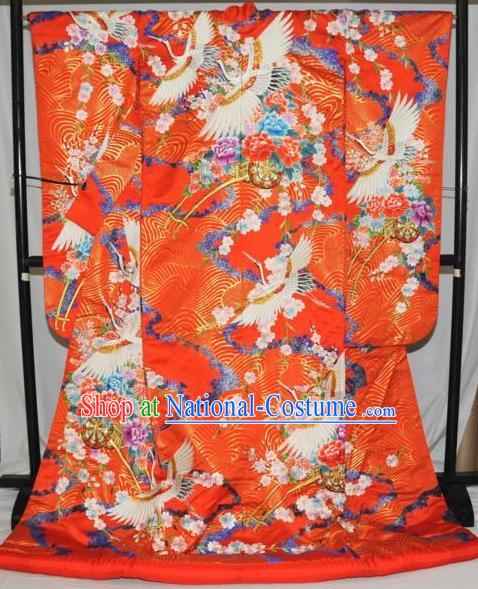 Traditional Japan Geisha Printing Crane Sakura Red Silk Furisode Kimono Asian Japanese Fashion Apparel Costume for Women