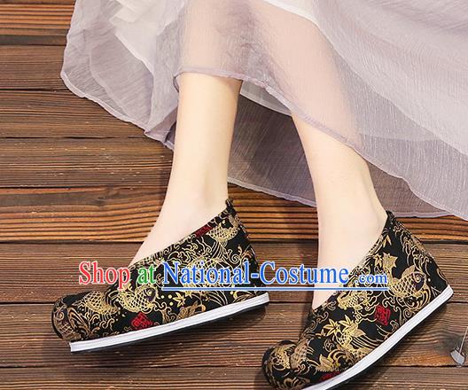 Chinese Traditional Classical Carps Pattern Black Satin Embroidered Shoes Princess Shoes Opera Shoes Hanfu Shoes for Women