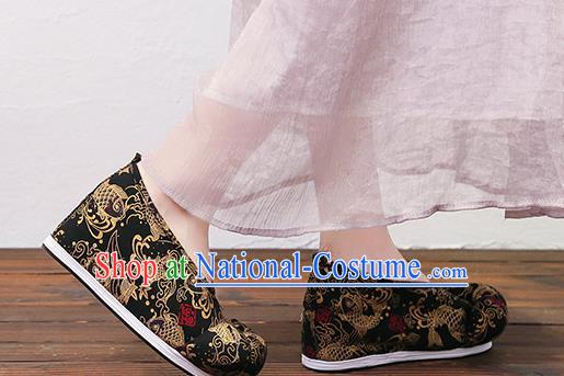 Chinese Traditional Classical Carps Pattern Black Satin Embroidered Shoes Princess Shoes Opera Shoes Hanfu Shoes for Women