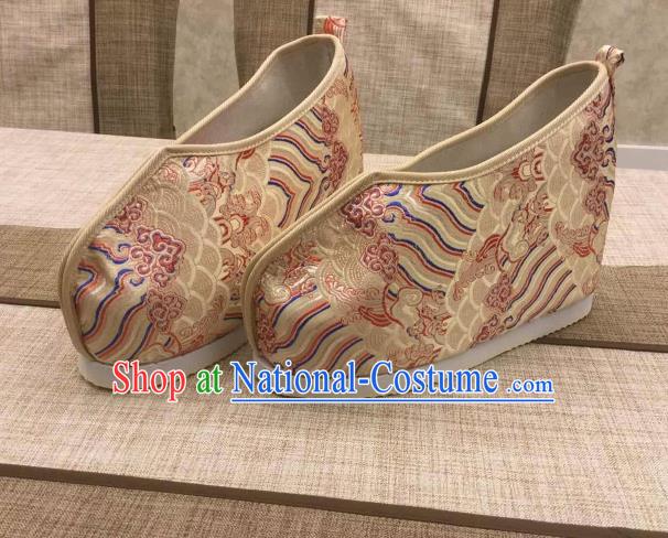 Chinese Traditional Classical Wave Pattern Golden Satin Embroidered Shoes Princess Shoes Opera Shoes Hanfu Shoes for Women