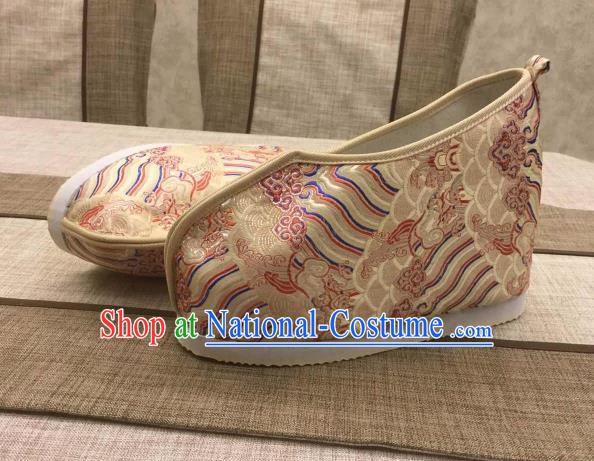 Chinese Traditional Classical Wave Pattern Golden Satin Embroidered Shoes Princess Shoes Opera Shoes Hanfu Shoes for Women