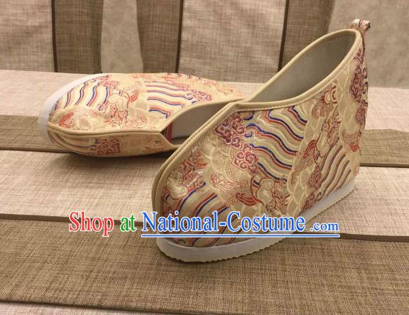 Chinese Traditional Classical Wave Pattern Golden Satin Embroidered Shoes Princess Shoes Opera Shoes Hanfu Shoes for Women