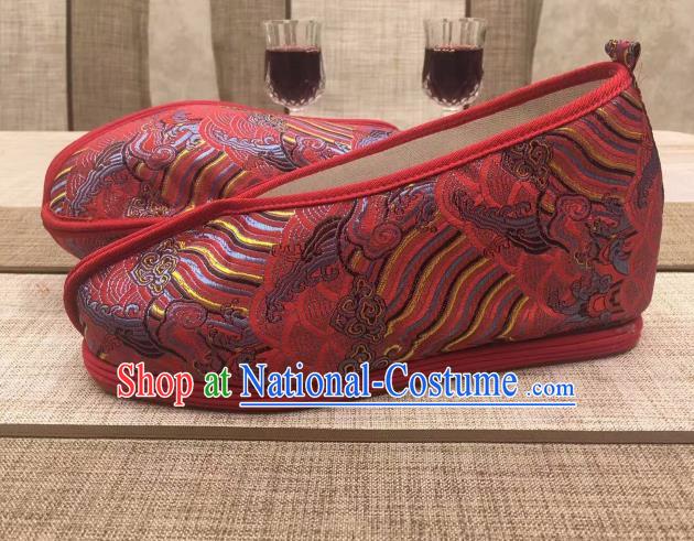 Chinese Traditional Classical Wave Pattern Dark Red Satin Embroidered Shoes Princess Shoes Opera Shoes Hanfu Shoes for Women