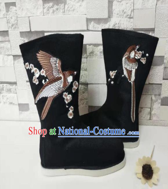 Chinese Traditional Embroidered Bird Black Boots Handmade Hanfu Shoes Ancient Swordsman Shoes for Men