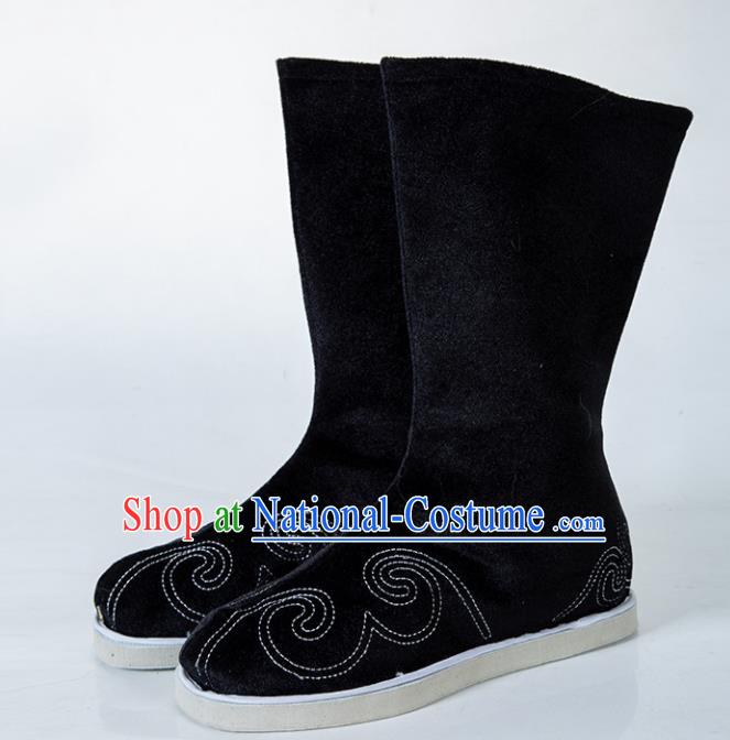 Chinese Traditional Black Embroidered Boots Handmade Hanfu Shoes Ancient Swordsman Shoes for Men