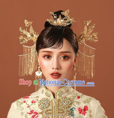 Chinese Traditional Wedding Bride Golden Butterfly Hair Comb and Tassel Hairpins Hair Accessories for Women