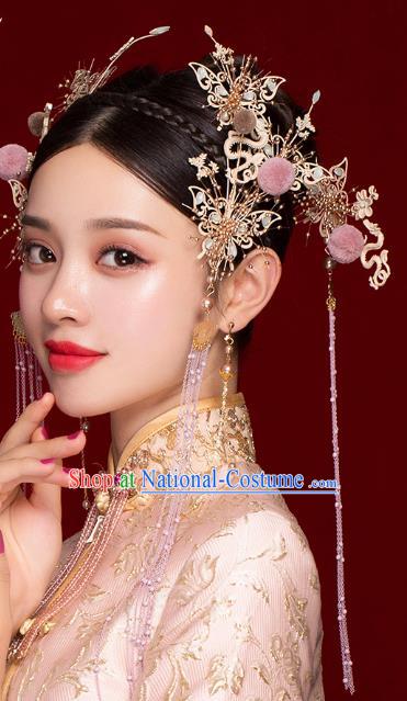 Chinese Traditional Wedding Purple Tassel Dragon Hairpins Ancient Bride Hair Accessories for Women