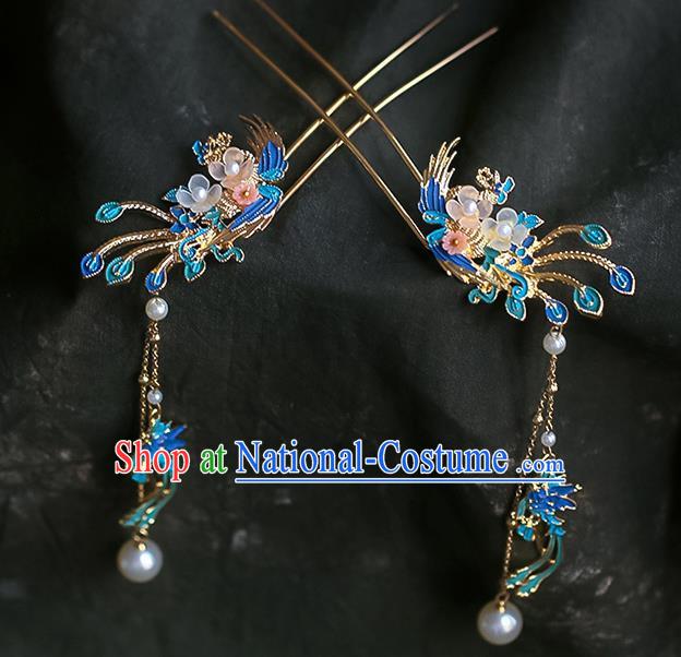 Chinese Ancient Hanfu Blue Phoenix Tassel Hairpins Traditional Bride Hair Accessories for Women