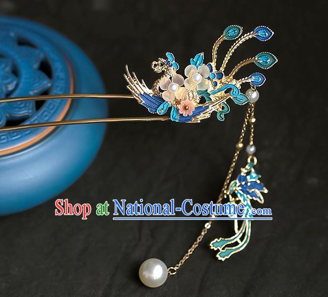 Chinese Ancient Hanfu Blue Phoenix Tassel Hairpins Traditional Bride Hair Accessories for Women