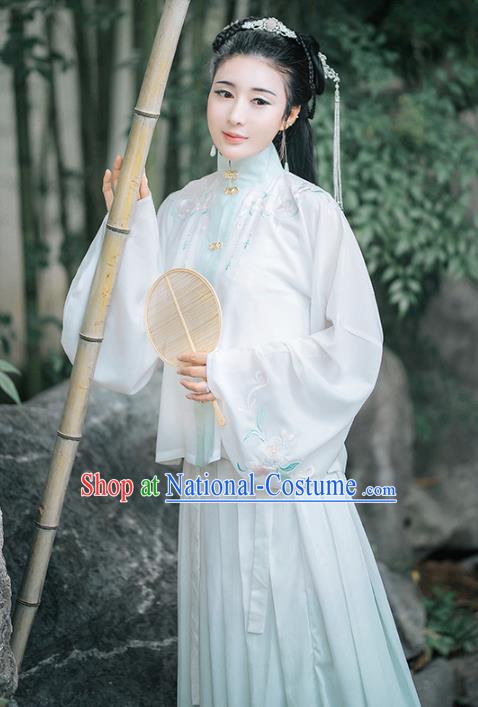 Traditional Chinese Ancient Ming Dynasty Patrician Female Embroidered Light Green Historical Costume Complete Set for Women