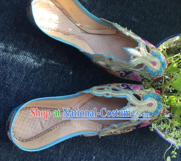 Asian India Traditional Embroidered Blue Leather Shoes Indian Handmade Shoes for Women