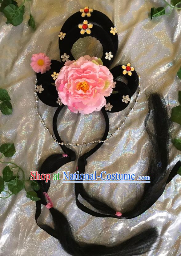 Traditional Chinese Opera Goddess Wig and Pink Peony Hairpins Headdress Peking Opera Diva Hair Accessories for Women