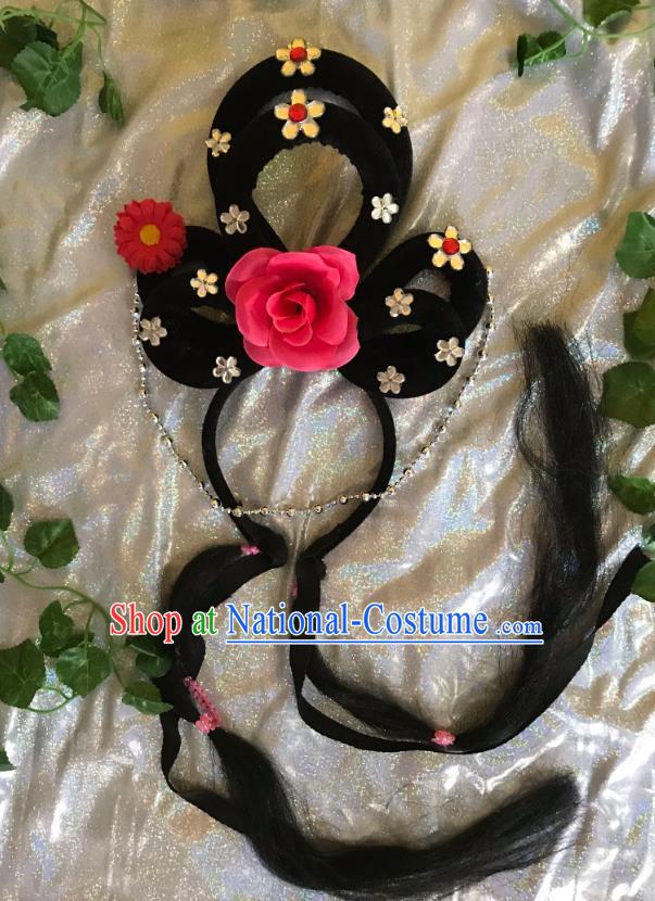 Traditional Chinese Opera Goddess Wig and Red Rose Hairpins Headdress Peking Opera Diva Hair Accessories for Women