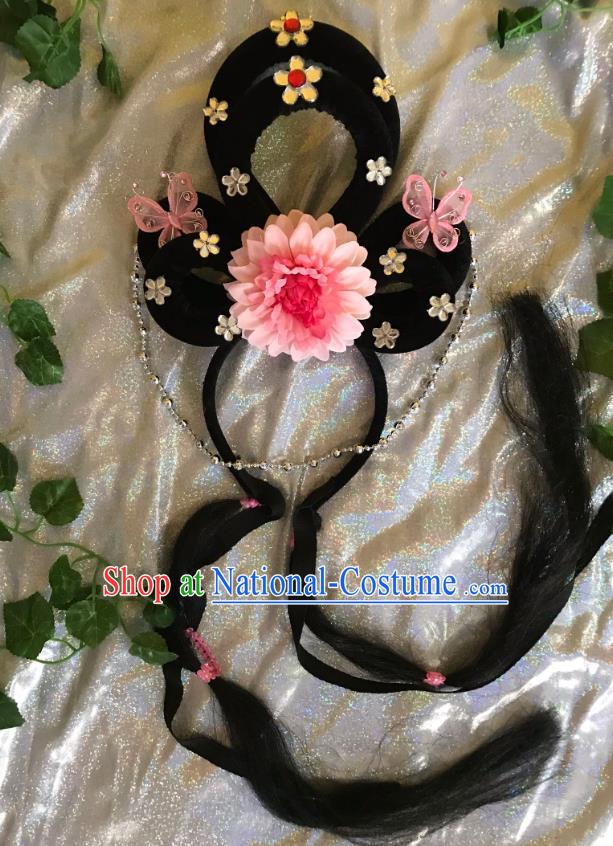 Traditional Chinese Opera Goddess Wig and Light Pink Peony Hairpins Headdress Peking Opera Diva Hair Accessories for Women