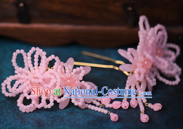 Traditional Chinese Handmade Pink Beads Tassel Hairpins Headdress Ancient Hanfu Hair Accessories for Women