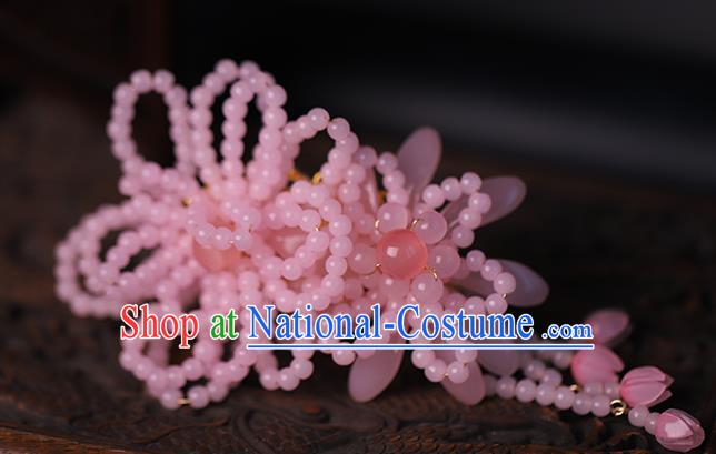 Traditional Chinese Handmade Pink Beads Tassel Hairpins Headdress Ancient Hanfu Hair Accessories for Women