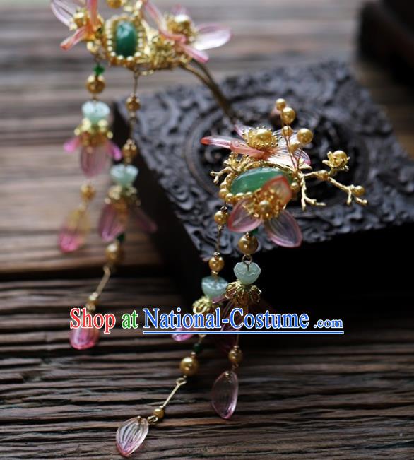 Traditional Chinese Handmade Glass Flower Tassel Hairpins Headdress Ancient Hanfu Hair Accessories for Women