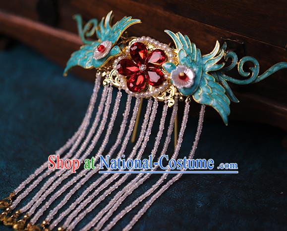 Traditional Chinese Handmade Red Crystal Crane Tassel Hairpin Headdress Ancient Hanfu Hair Accessories for Women