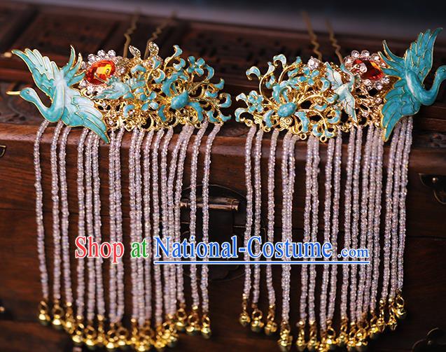 Traditional Chinese Handmade Crane Tassel Hairpins Headdress Ancient Hanfu Hair Accessories for Women