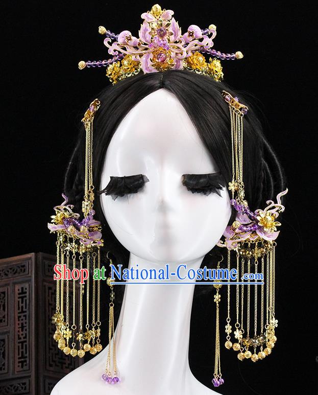 Traditional Chinese Purple Flowers Hairpins Hair Crown Headdress Ancient Queen Hair Accessories Complete Set for Women