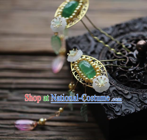 Traditional Chinese Handmade Green Glass Tassel Hairpins Headdress Ancient Hanfu Hair Accessories for Women