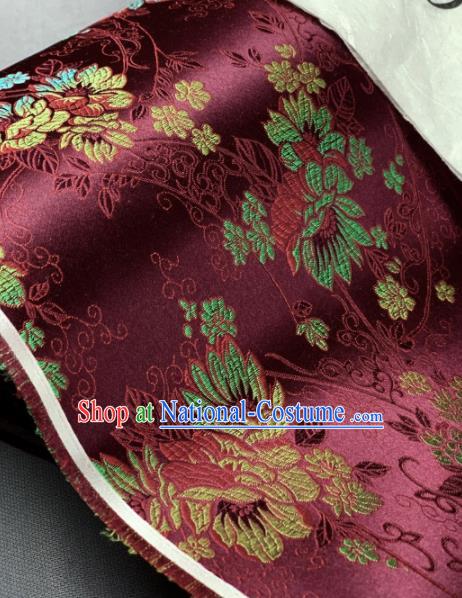 Chinese Classical Peony Pattern Design Wine Red Silk Fabric Asian Traditional Hanfu Material