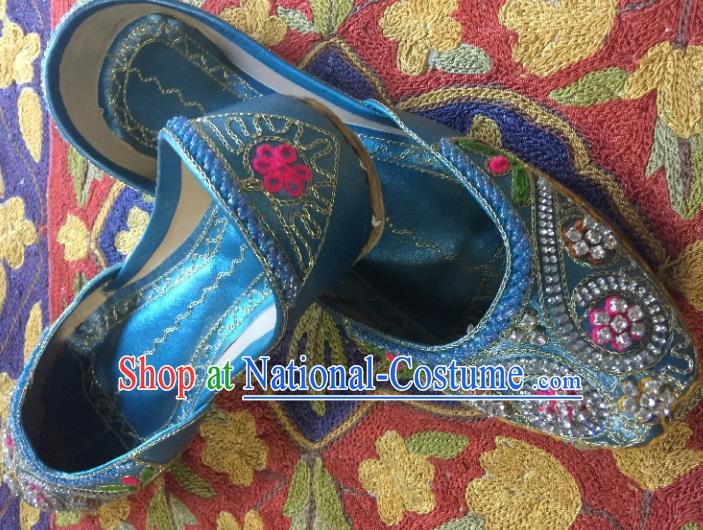 Asian India Traditional Embroidered Blue Crystal Shoes Indian Handmade Shoes for Women