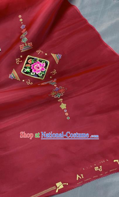 Chinese Classical Embroidered Peony Pattern Design Red Silk Fabric Asian Traditional Hanfu Material