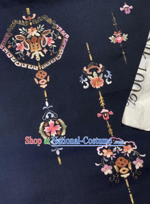 Chinese Classical Peach Flowers Pattern Design Navy Silk Fabric Asian Traditional Hanfu Brocade Material