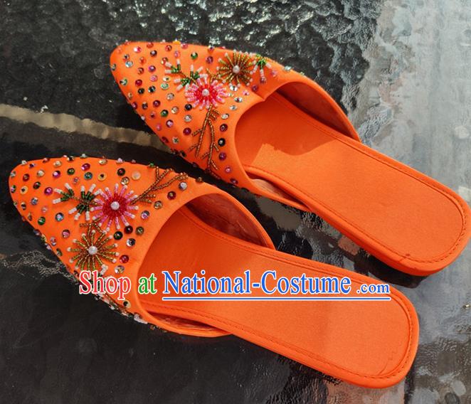 Asian India Traditional Orange Leather Slippers Indian Handmade Shoes for Women