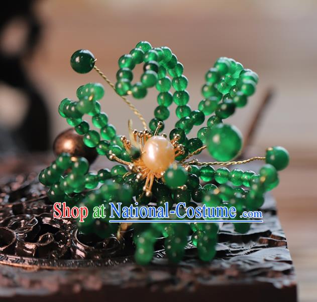 Traditional Chinese Handmade Green Beads Chrysanthemum Hairpins Headdress Ancient Hanfu Hair Accessories for Women