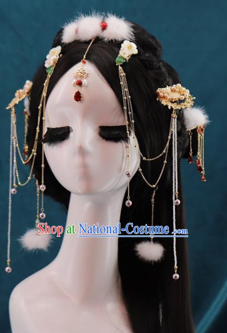 Traditional Chinese White Fur Tassel Hairpins Headdress Ancient Princess Hair Accessories for Women