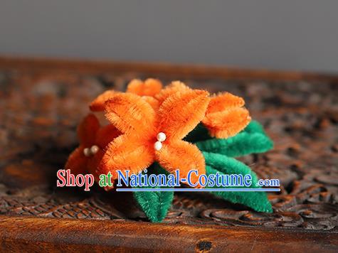 Traditional Chinese Handmade Orange Velvet Flowers Hair Comb Headdress Ancient Hanfu Hair Accessories for Women