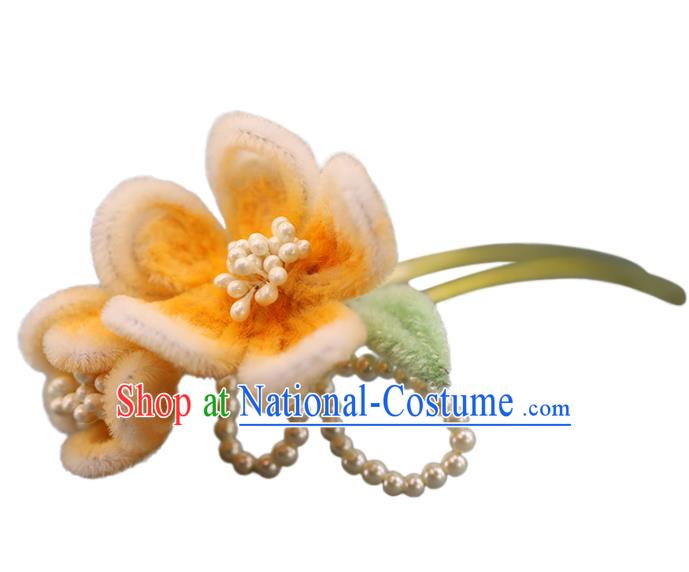 Traditional Chinese Handmade Orange Velvet Plum Hairpin Headdress Ancient Hanfu Hair Accessories for Women