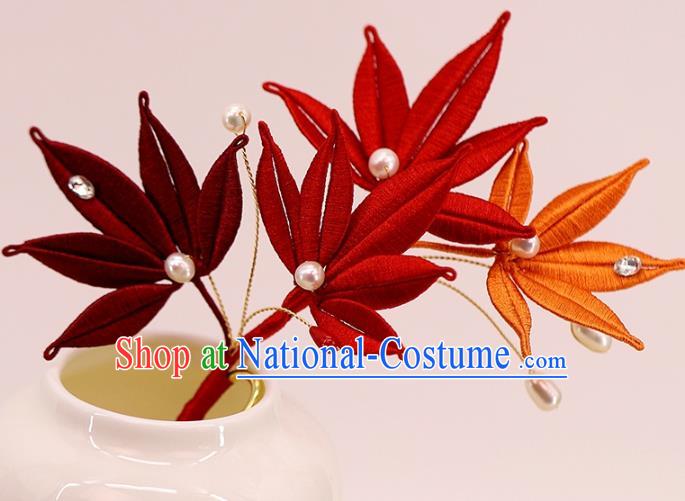 Traditional Chinese Handmade Red Maple Leaf Hairpin Headdress Ancient Hanfu Hair Accessories for Women