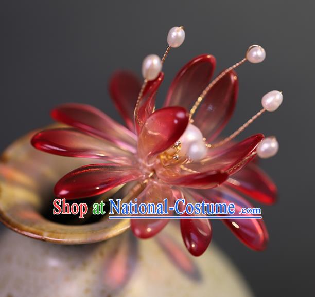 Traditional Chinese Handmade Red Glass Flower Hairpin Headdress Ancient Hanfu Hair Accessories for Women