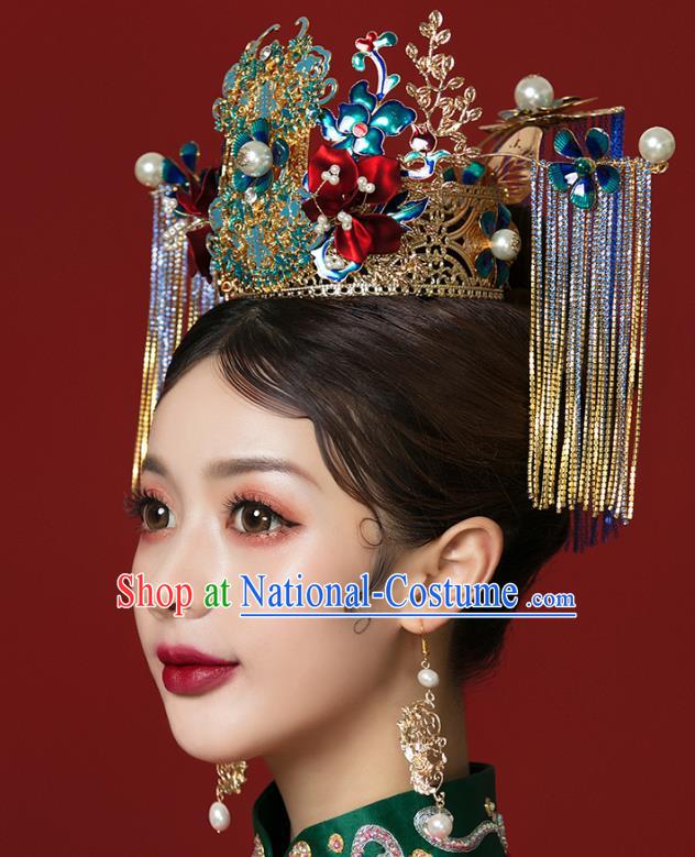 Traditional Chinese Wedding Cloisonne Phoenix Coronet Hairpins Headdress Ancient Bride Hair Accessories for Women