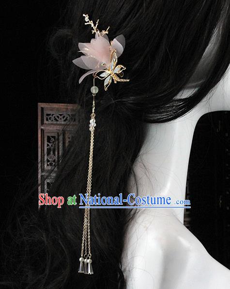 Traditional Chinese Handmade Pink Silk Flower Dragonfly Hairpin Headdress Ancient Hanfu Hair Accessories for Women