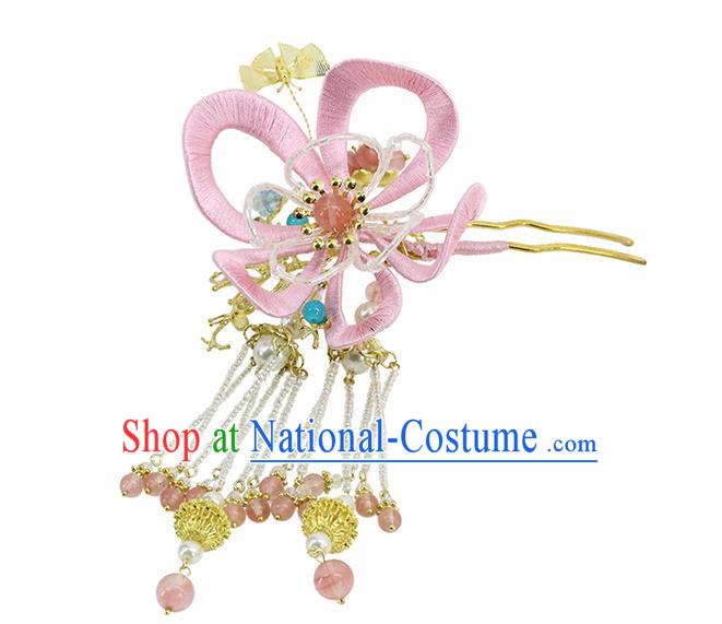 Traditional Chinese Handmade Pink Flower Tassel Hairpin Headdress Ancient Hanfu Hair Accessories for Women