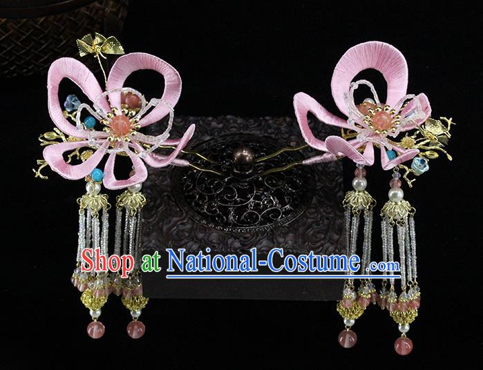 Traditional Chinese Handmade Pink Flower Tassel Hairpin Headdress Ancient Hanfu Hair Accessories for Women