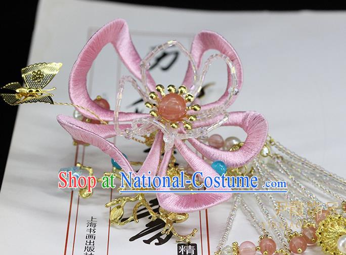 Traditional Chinese Handmade Pink Flower Tassel Hairpin Headdress Ancient Hanfu Hair Accessories for Women