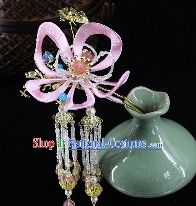 Traditional Chinese Handmade Pink Flower Tassel Hairpin Headdress Ancient Hanfu Hair Accessories for Women