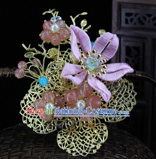 Traditional Chinese Handmade Pink Flower Brass Hairpin Headdress Ancient Hanfu Hair Accessories for Women