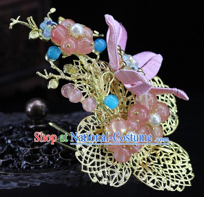 Traditional Chinese Handmade Pink Flower Brass Hairpin Headdress Ancient Hanfu Hair Accessories for Women