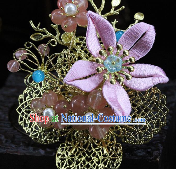 Traditional Chinese Handmade Pink Flower Brass Hairpin Headdress Ancient Hanfu Hair Accessories for Women